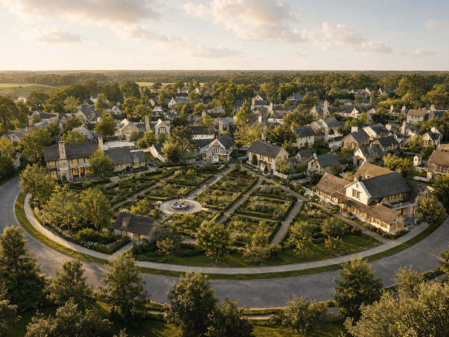 Aerial rendering of Madison Fields: cottages around a formal garden and fountain at golden hour