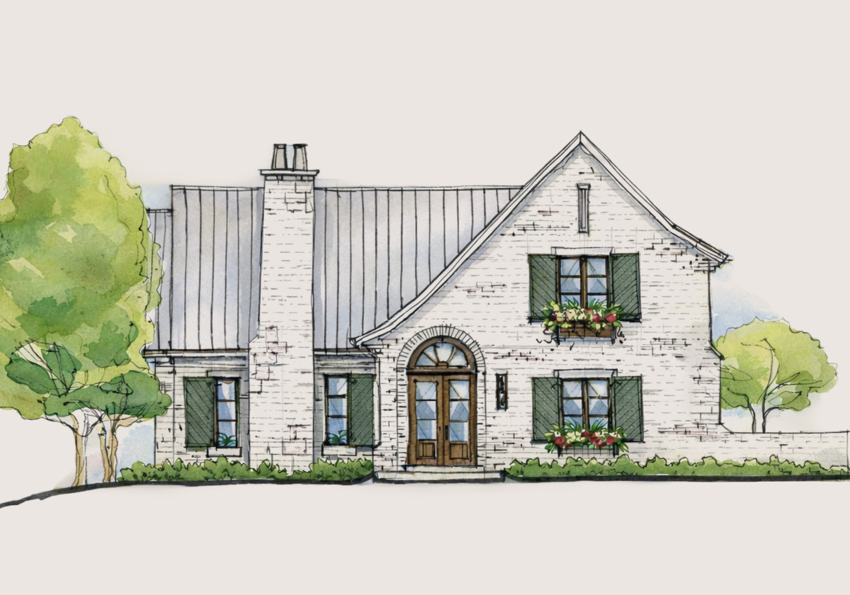 Watercolor elevation of Cottage Four, elevation B: a whitewashed brick cottage with green shutters, window boxes, and an arched front door