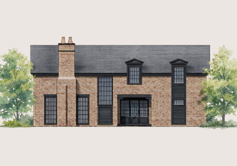 Watercolor elevation of Cottage One, elevation A: a red-brick two-story cottage with a slate roof, two dormers, and tall black steel windows
