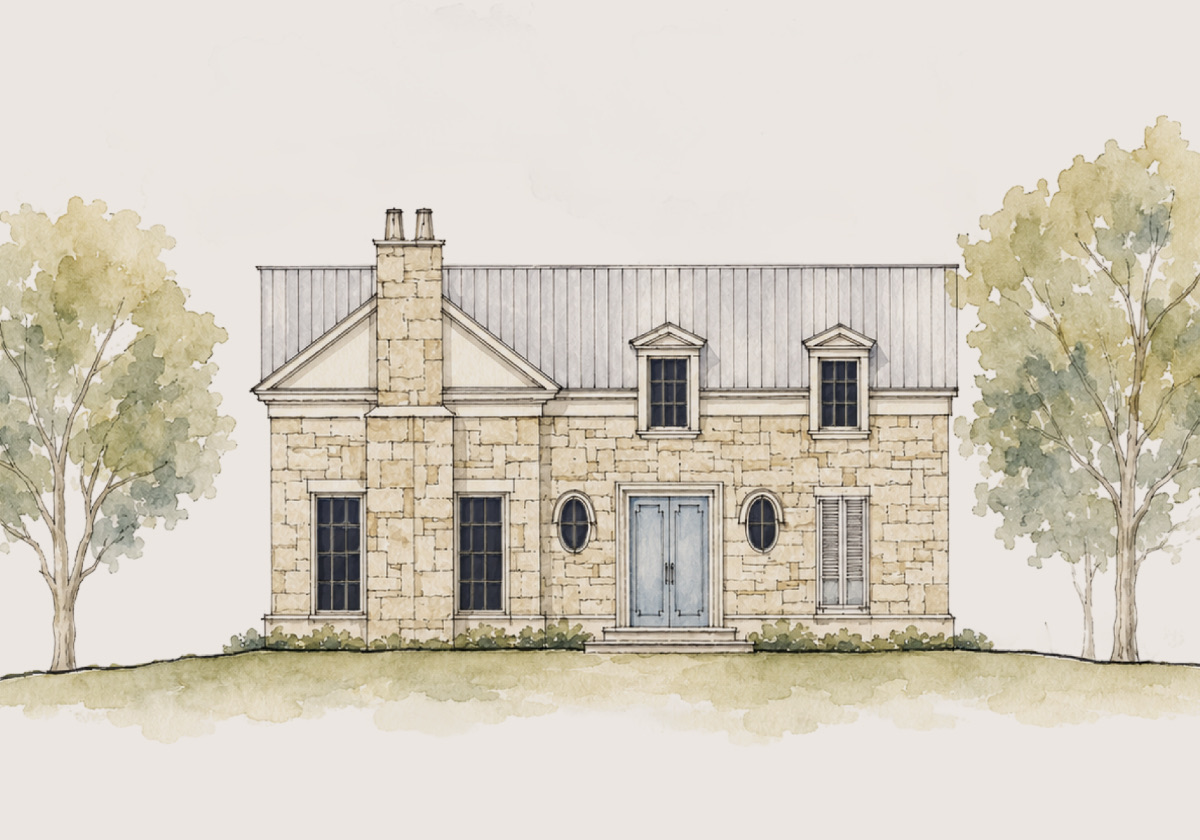 Watercolor elevation of Cottage One, elevation B: a limestone cottage with a standing-seam roof, two dormers, oval windows, and a pale blue double door