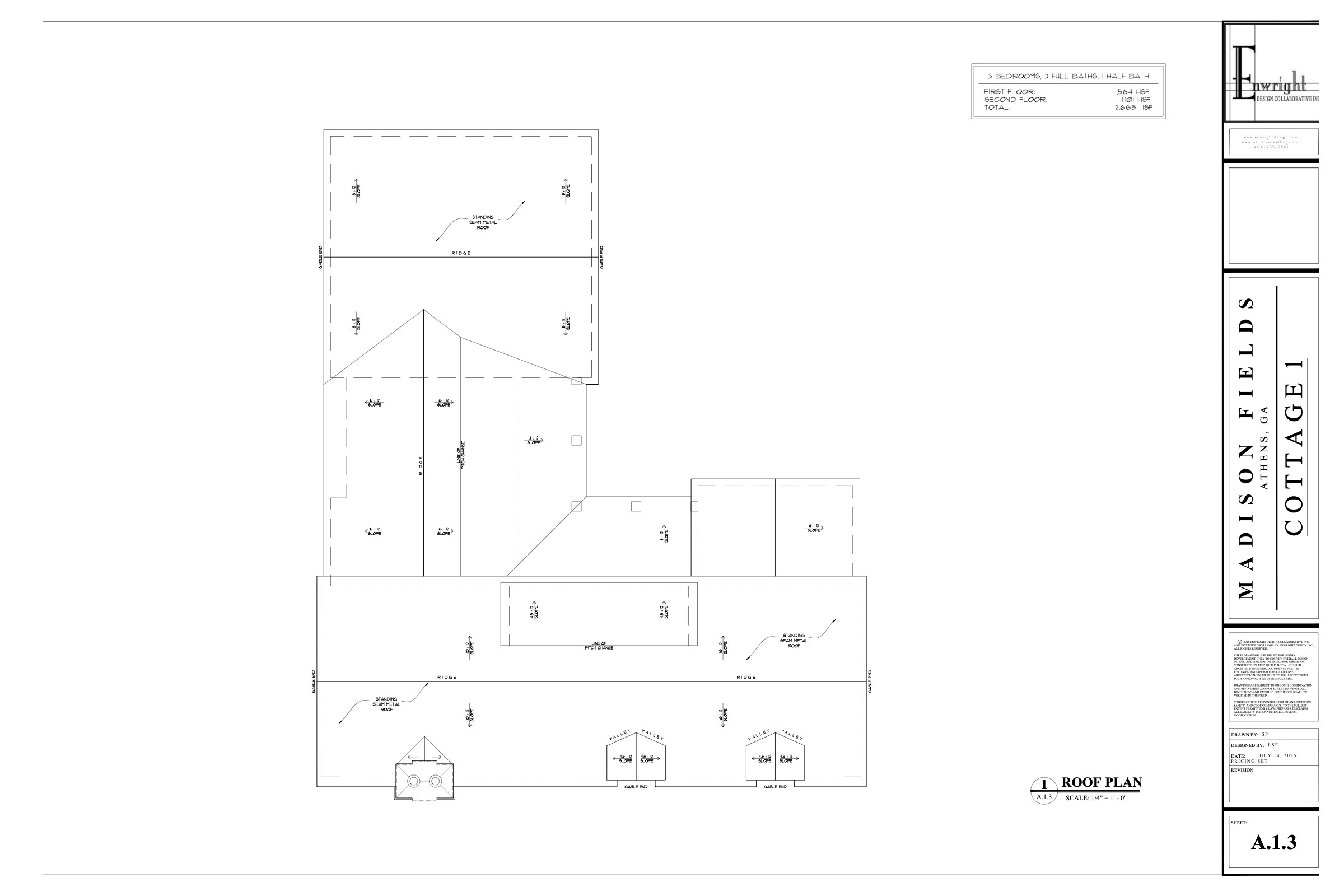 Cottage One roof plan, architectural drawing