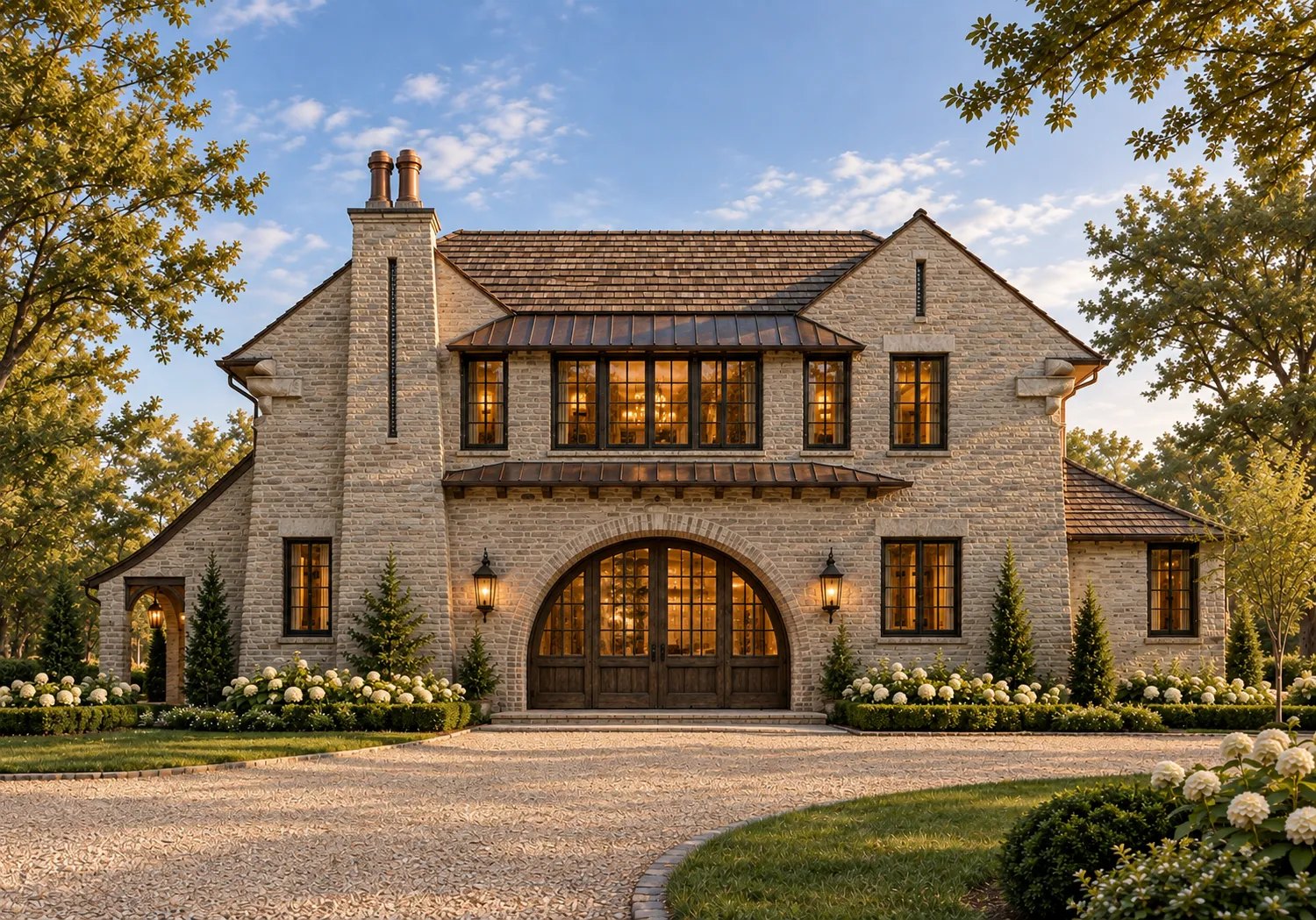 Rendering of Cottage Two, elevation B: a cream brick cottage with a broad arched entry under a copper-roofed window band, set on a gravel drive