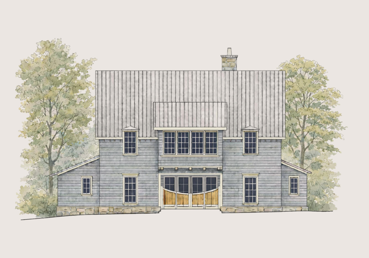 Watercolor elevation of Cottage Three, elevation A: a blue-gray clapboard cottage with a standing-seam roof and four wood doors