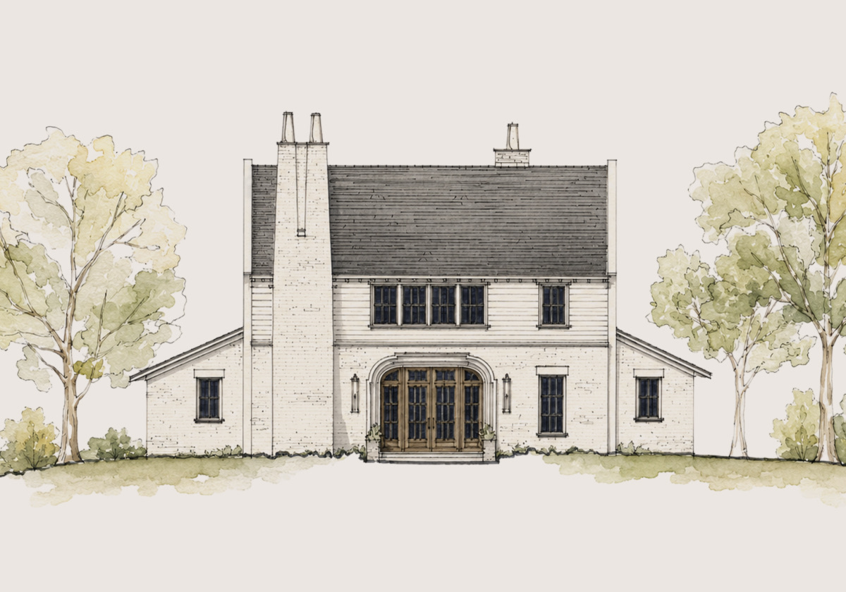 Watercolor elevation of Cottage Three, elevation B: a white brick cottage with a tall chimney, a slate roof, and an arched wood entry