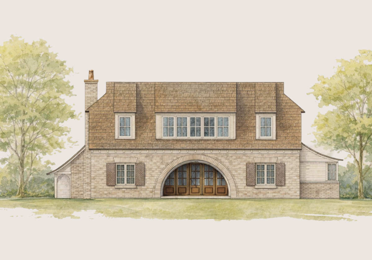 Watercolor elevation of Cottage Two, elevation A: a brick cottage with a hipped roof, shuttered windows, and a broad arched entry