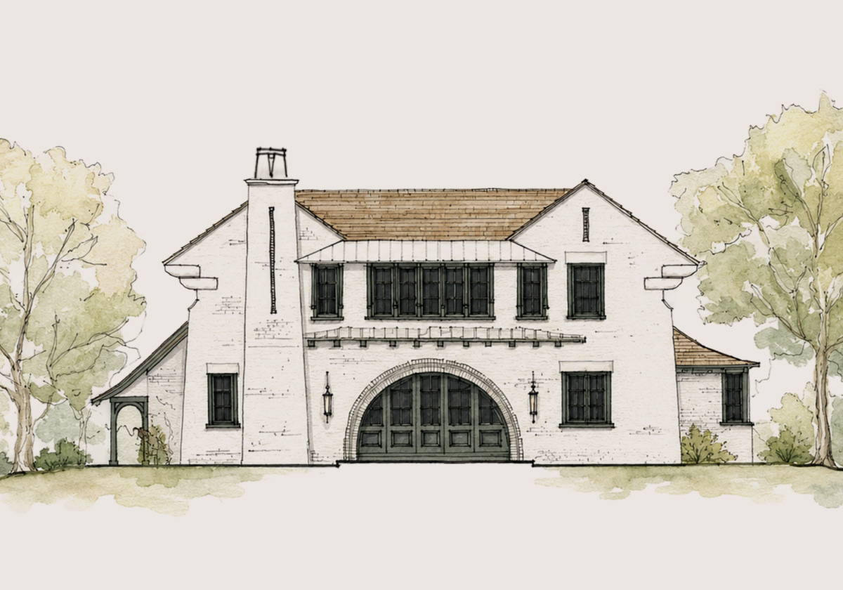 Watercolor elevation of Cottage Two, elevation B: a whitewashed cottage with gabled wings and a broad arched carriage entry