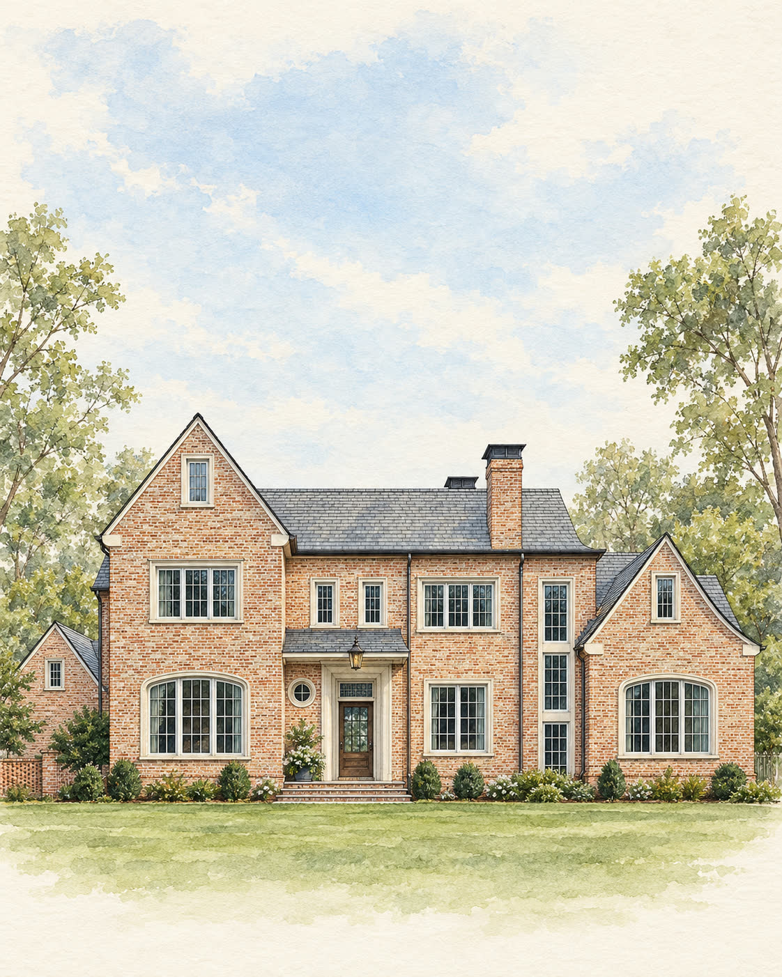 Watercolor front-elevation drawing of Brick Manor, a brick custom home with gabled wings built by Athens Building Company