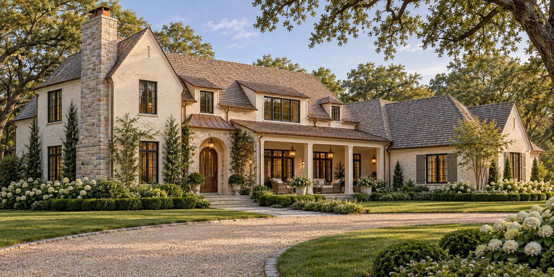 Rendering of a cream brick and stone custom home with an arched entry, a covered front porch, and a gravel drive